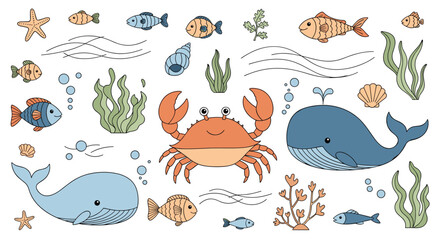 Fototapeta premium A large collection of cute, hand-drawn sea animal doodles, including whales, a crab, fish, and underwater plants and shells.
