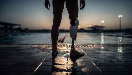 Swimmer with prosthetic leg stands at poolside at dusk