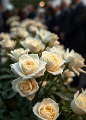 Fototapeta premium White roses in focus with blurred mourners in background funeral flowers grief death flower loss ceremony floral sadness cemetery mourning dead