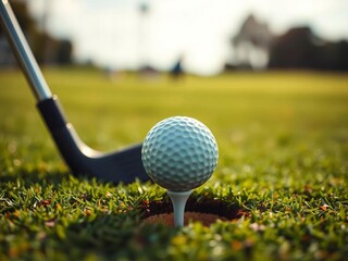 Close up of a golf ball resting on the tee box, ready for a drive,  equipment,  anticipation