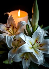 Obraz premium White lilies and a lit candle a somber scene funeral flowers grief death flower loss ceremony floral sadness cemetery mourning dead
