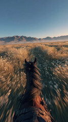 POV Shot from Galloping Horse Riding Into Breaking Dawn Across Vast Asian Steppe
