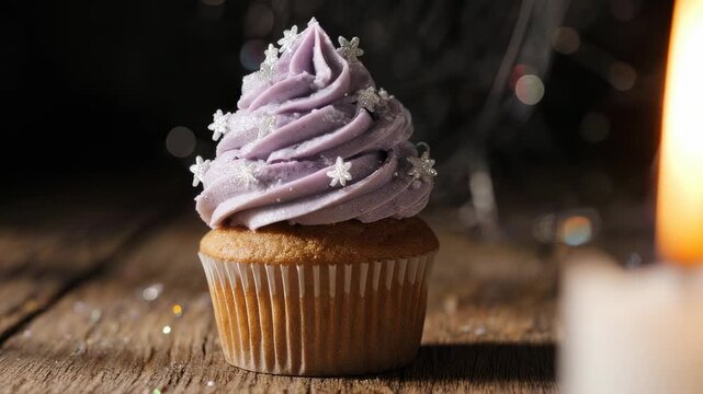 A Delicate Cupcake Adorned With Lavender Frosting And Snowflake Sprinkles Sits On A Wooden Surface