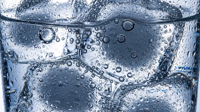 Close up of ice cubes in a glass of sparkling water with bubbles.