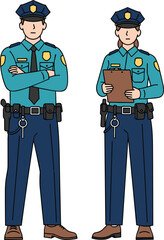 Vector illustration of male and female police officers in uniform standing with professional poses, perfect for law enforcement, security, and public safety design projects