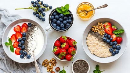 Nutritious Breakfast Bowls: Yogurt, Oatmeal, Berries, Chia Seeds and Nuts on White Wood