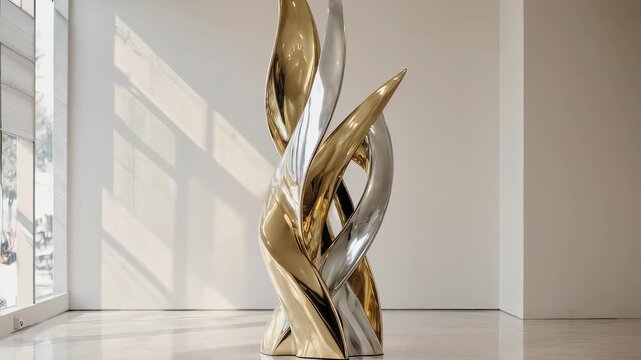 Abstract Metallic Sculpture With Gold and Silver Tones Displayed In A Bright Modern Gallery Space With Sunlight Streaming Through Windows