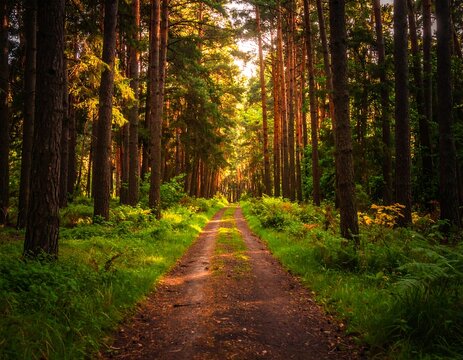 Forest path leads towards bright, glowing light through tall, dense evergreen trees - Powered by Adobe