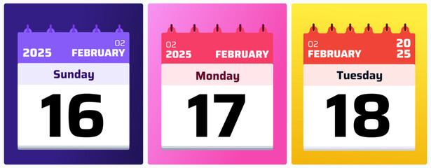 February calendar date cards with colorful flat style, ideal for reminders, planner pages, scheduling tools, and productivity visuals. Dates Set 16,17,18 February Calendar 