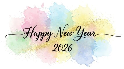 Elegant happy new year 2026 greeting card design featuring black calligraphy over soft pastel watercolor splashes and gold glitter accents