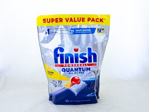 Johannesburg, South Africa - finish quantum powerball dishwasher tablets isolated on a clear background with copy space