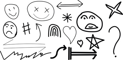 Hand Drawn Arrow and Expression Doodle Icons, Sketch Style Symbols