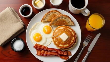 Classic American Breakfast Spread with Eggs, Pancakes, Bacon, Coffee and Orange Juice