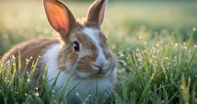A close-up of a brown and white rabbit sitting in dewy grass during a serene morning