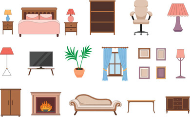 Modern Home Interior Furniture Vector Set. Living Room, Bedroom, Office Decor Icons