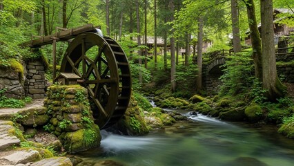 Old Water Wheel in a Lush Green Forest Next to a Flowing Stream.