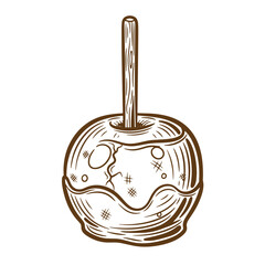 Fototapeta premium Delicious vintage hand drawn sketch of a caramel apple with wooden stick for halloween