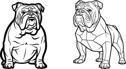 Two black and white line art illustrations of English bulldogs one with smooth lines and one with geometric shapes