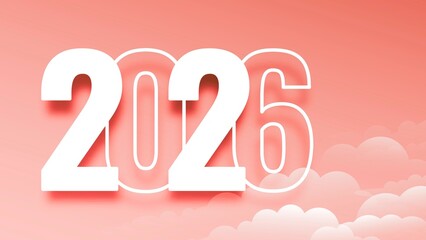 2026 Happy New Year Concept with Minimalist White Numbers and Dreamy Pastel Pink Clouds Background