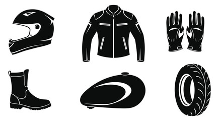 Motorcycle gear and parts black and white icons helmet jacket