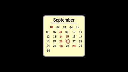 September month 21 date calendar icon animation. Analog calendar design month video ,September 21st. calendar until May 21st, concept animation.21 September Calendar Date Animation.