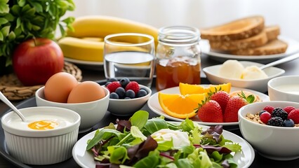 Delicious and Nutritious Breakfast Spread with Fresh Fruits, Eggs, and Salad