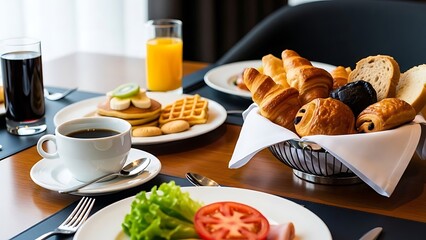 Gourmet Breakfast Table with Coffee, Croissants, Pancakes, Waffles, and Fresh Juices