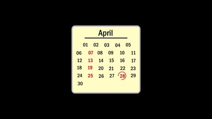 April month 28 date calendar icon animation. Analog calendar design month video ,April 28th. calendar until April 28th, concept animation.28 April Calendar Date Animation.