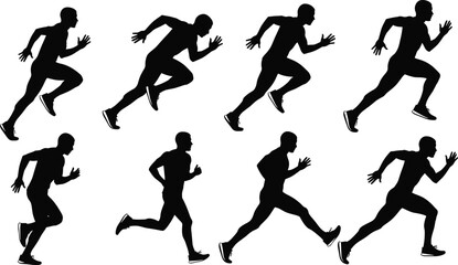 Collection of eight black male runner silhouettes in motion on white background running