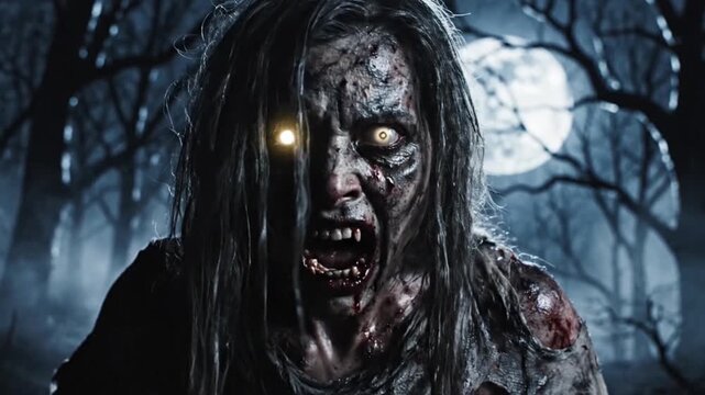 Creepy Zombie Staring Directly at the Viewer in a Spooky Forest at Night.