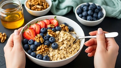 Hands Holding Healthy Oatmeal Bowl with Fresh Berries, Walnuts, and Honey for Breakfast