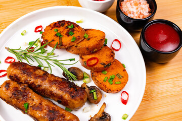 Grilled sausages served with sweet potato slices and dipping sauces on a plate in a kitchen setting during a meal preparation time