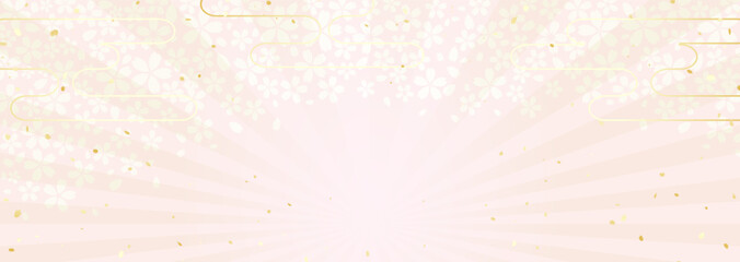 金色の霞と光と桜の花柄の華やかな背景イラスト