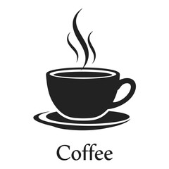 Black coffee cup with steam and saucer icon with text vector