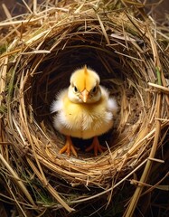 Close-up of a fluffy yellow chick sitting snugly in its cozy nest