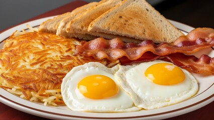 Classic American Breakfast Plate with Sunny-Side Up Eggs, Crispy Bacon, Hash Browns, and Toast
