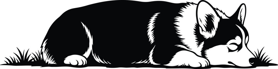 Black and white illustration of a sleeping corgi dog lying on grass lying down