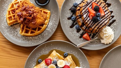 Gourmet Breakfast and Brunch Spread: Chicken Waffles, Berry Pancakes, Fruit Crepes