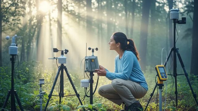 A scientist checks weather monitoring equipment in a forest with sunlight streaming through trees