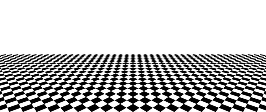Black and white checkerboard floor background. Abstract checkered tile pattern in perspective. Vector horizontal chess board grid plane surface. Retro vintage empty ball room checker floor