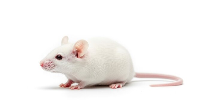 A white mouse with pink tail and ears, standing on a white background.