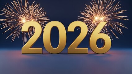 Golden three dimensional numerals representing the year 2026 illuminate the night sky with brilliant celebratory fireworks displays