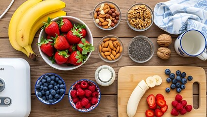 Healthy Smoothie Ingredients Flat Lay: Fresh Fruits, Nuts, Seeds, and Blender