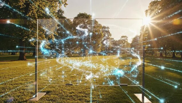 Envisioning the future Intricate digital network displayed on a transparent panel, harmonizing cutting-edge technology with the tranquil beauty of a sun-drenched park