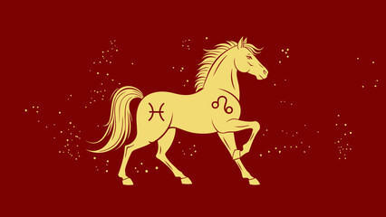 Golden horse silhouette with zodiac symbols representing astrology and horoscope on a dark red background with starry elements