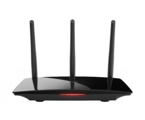 Black wireless router with three antennas and red light isolated on a transparent background