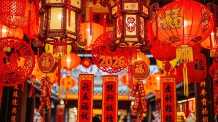 Naklejka premium Vibrant display of traditional red chinese lanterns and festive decorations signaling the upcoming year 2026 celebration