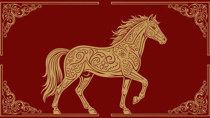 Fototapeta premium Ornate golden horse illustration with intricate patterns standing majestically on a rich red background with decorative borders perfect for cultural or luxury branding