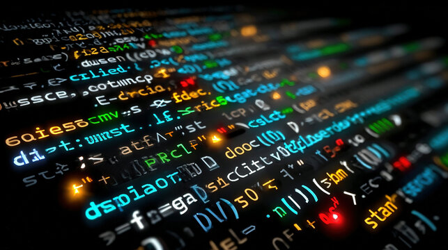 Display of colorful lines of computer programming code on a dark background.