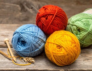 Close-up of colorful yarn balls with knitting needles on wood